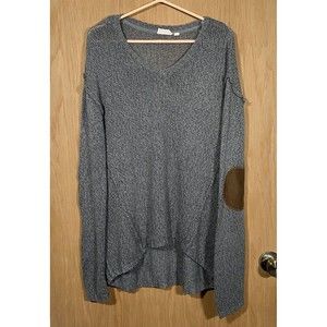 Retrod Women's Sz XL Open Knit Gray Sweater Brown Elbow Patches Slouchy Casual